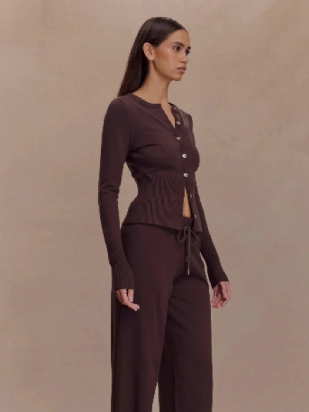 Meshki Reese Fitted Ribbed Knit Cardigan - Dark Chocolate - Picture 4 of 7